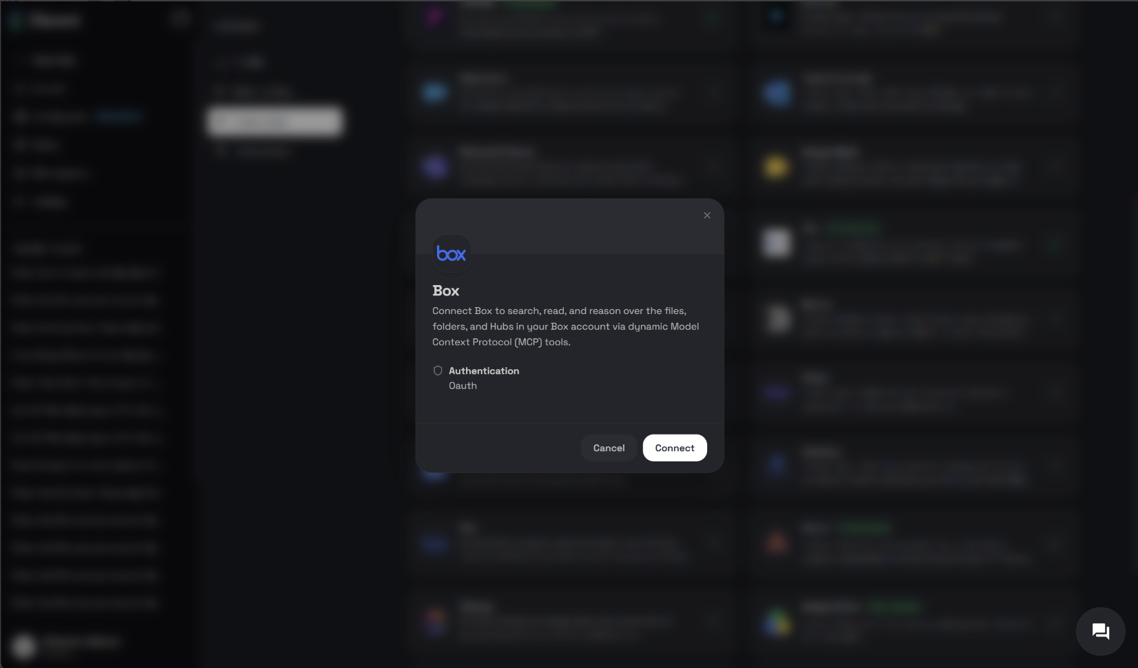 The Box connector dialog in Clara showing OAuth authentication and a Connect button