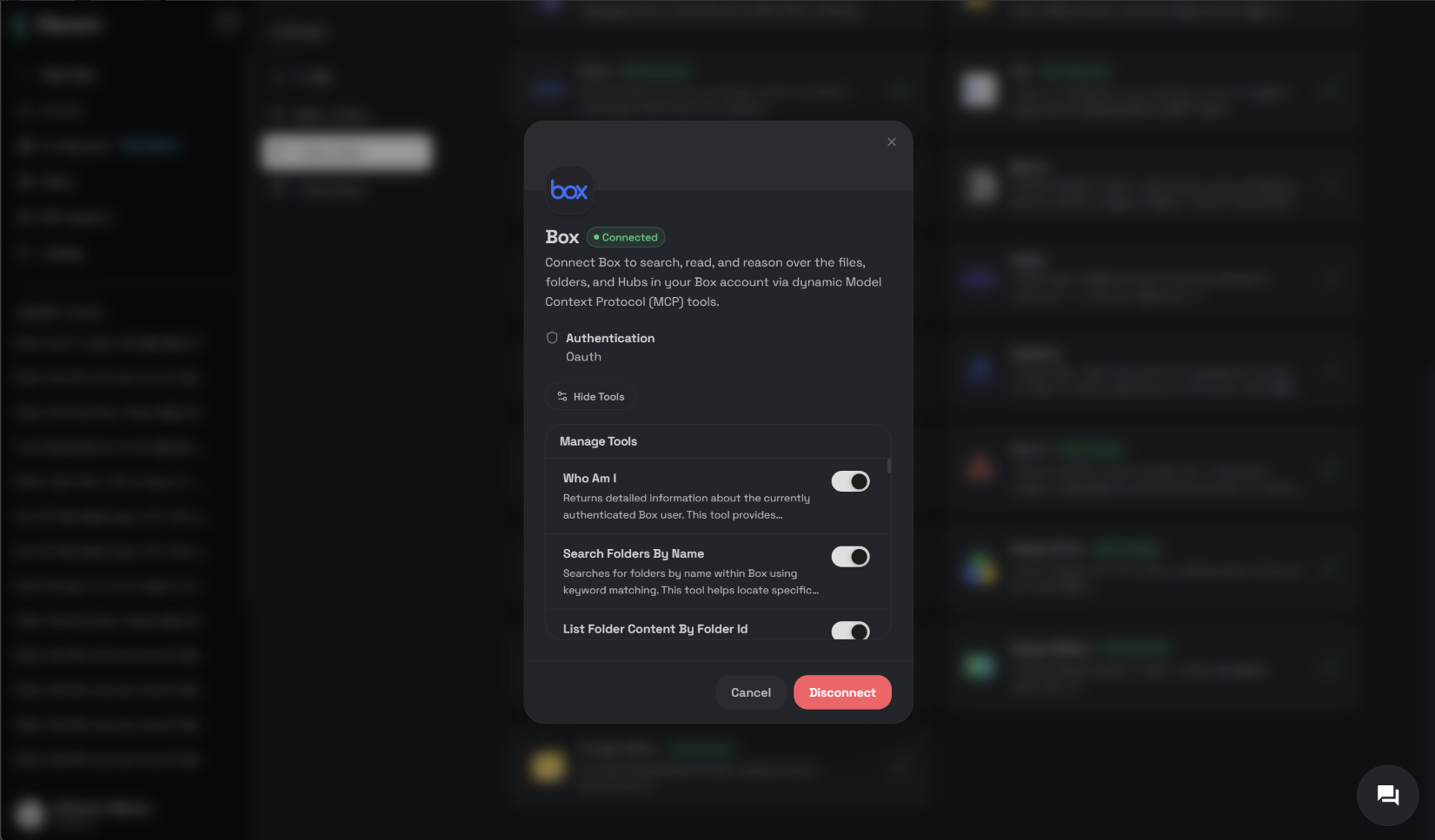 The Box connector in Clara showing the Manage Tools list of Box capabilities with toggles