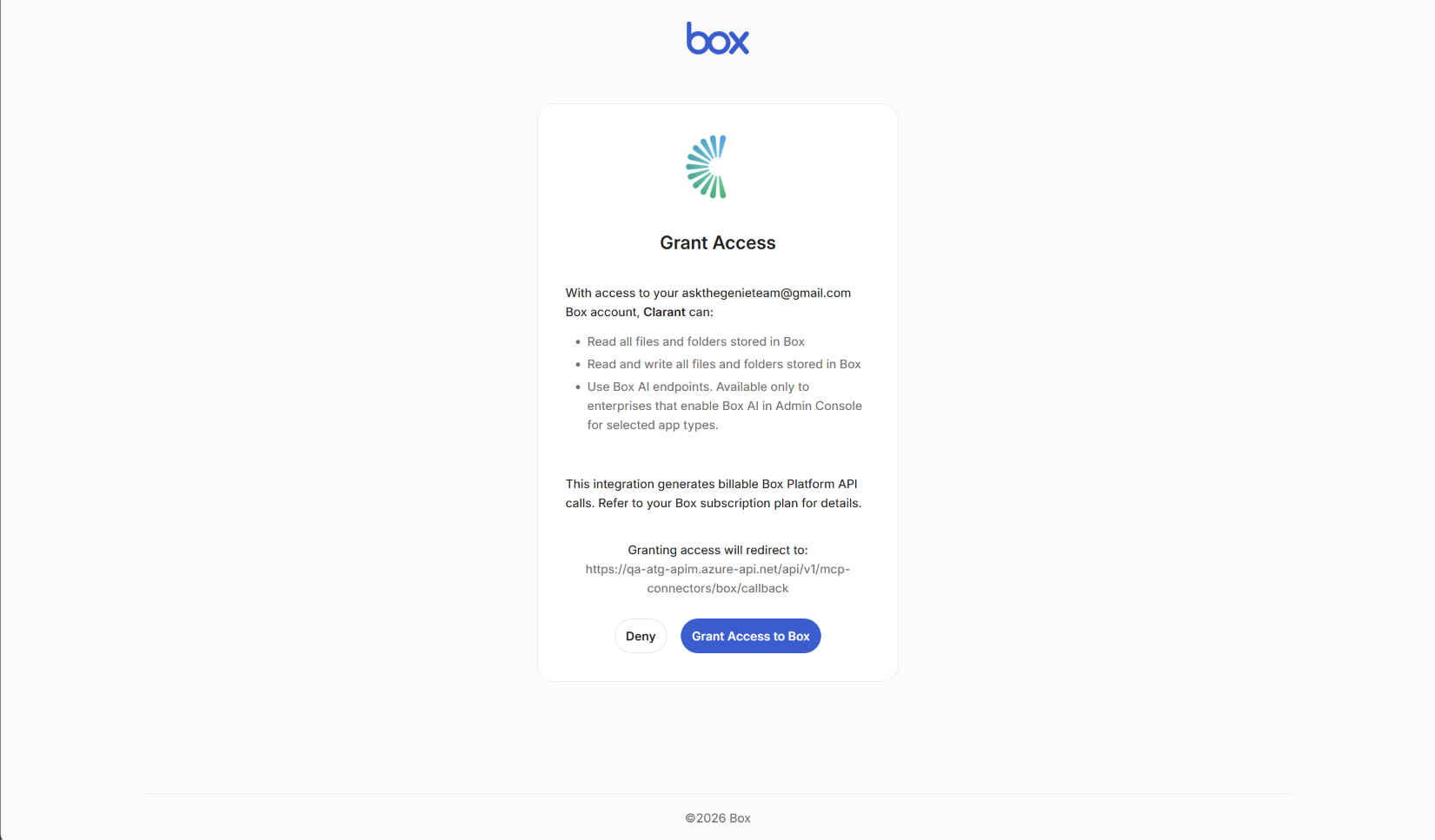 The Box authorisation screen showing the access Clara is requesting with a Grant Access to Box button