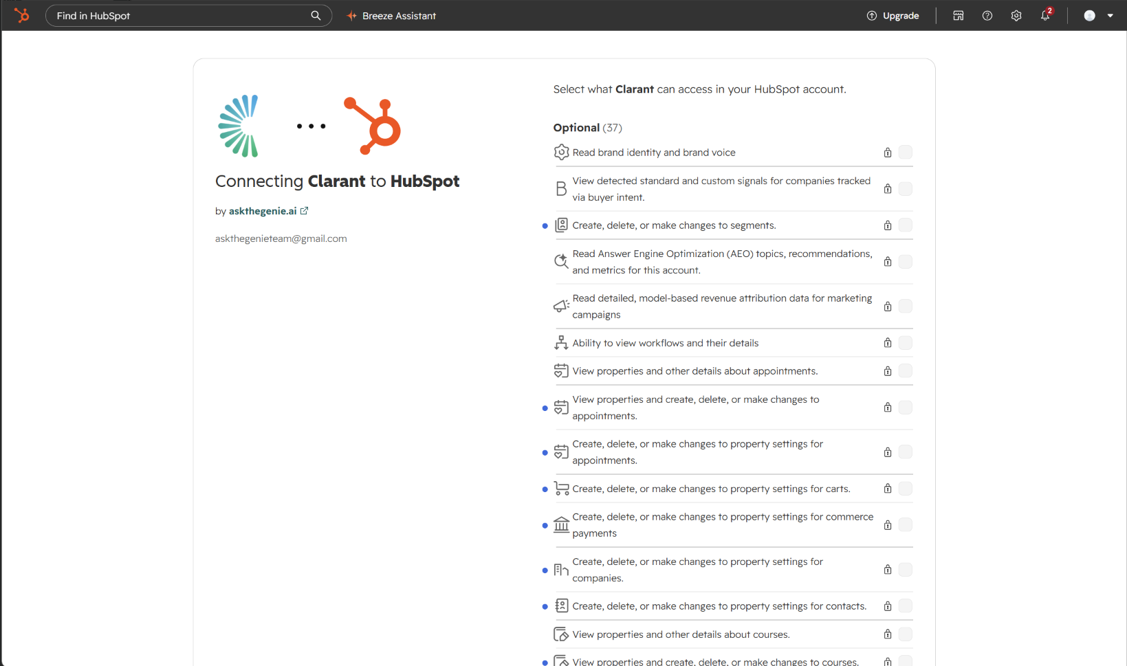 HubSpot scope approval screen listing the read permissions Clara requests