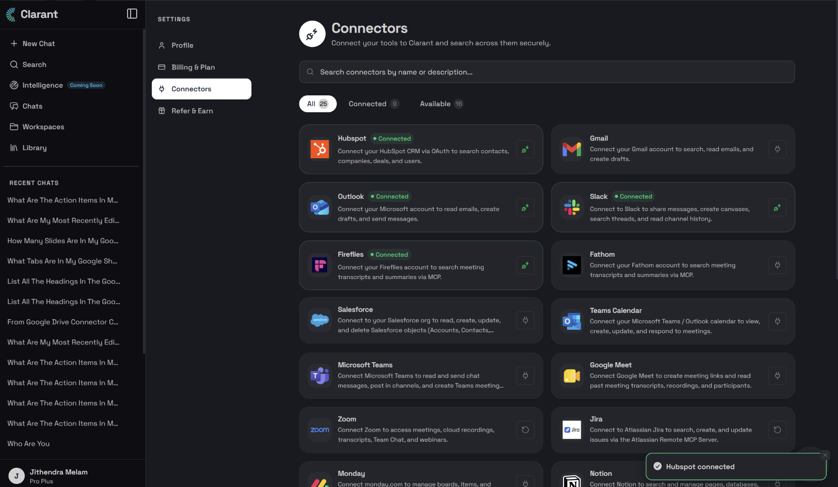 Clara Connectors dashboard showing HubSpot with a Connected status
