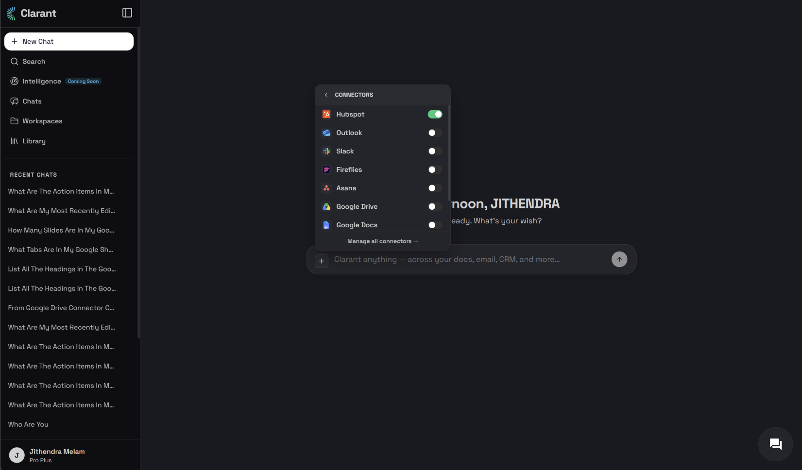 Workspace connector panel with HubSpot toggled on alongside Gmail, Outlook, Slack, Fireflies, and Fathom, beside the list of included workspace files