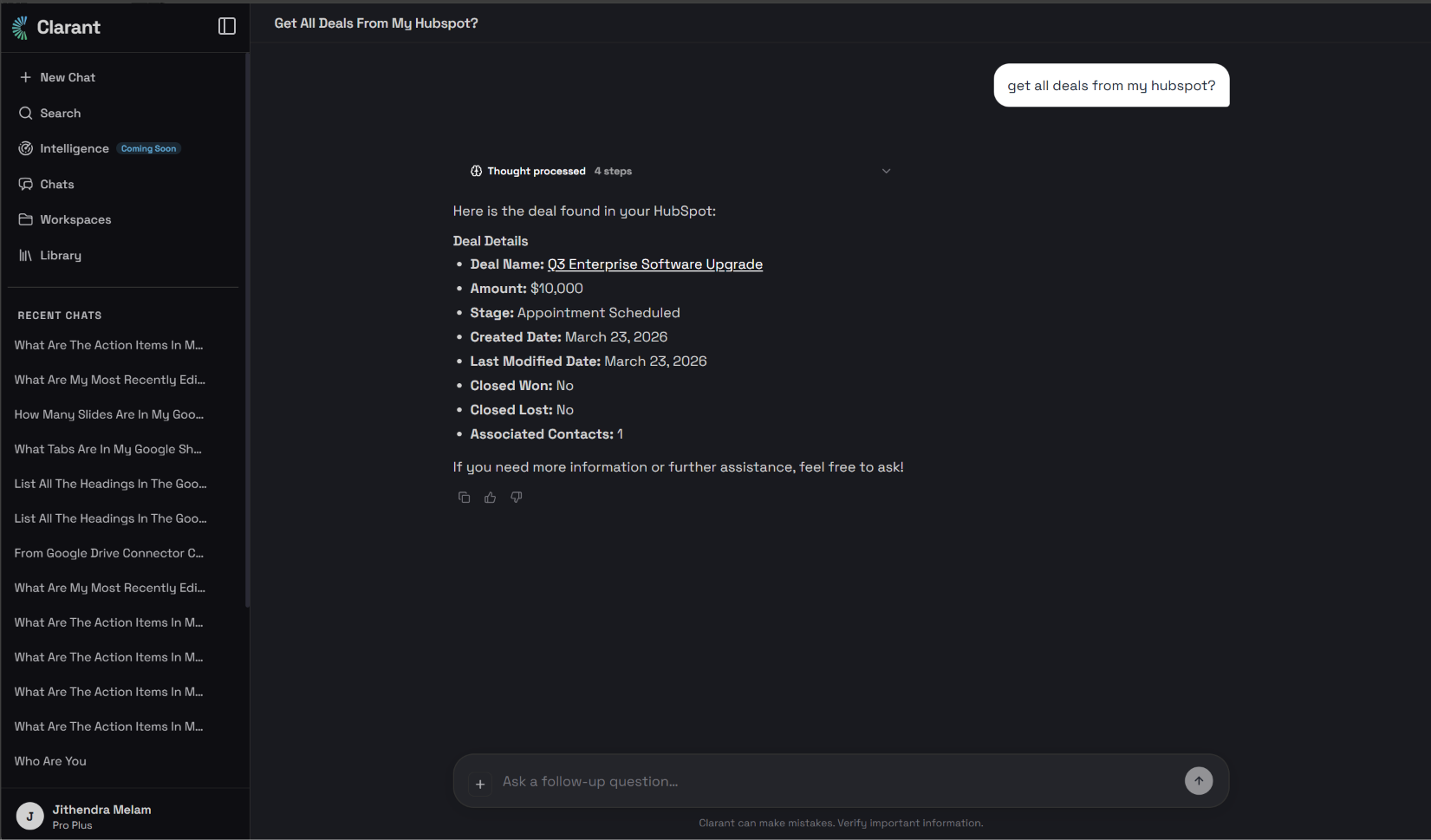 Clara answering a HubSpot CRM query with deal details and source citations