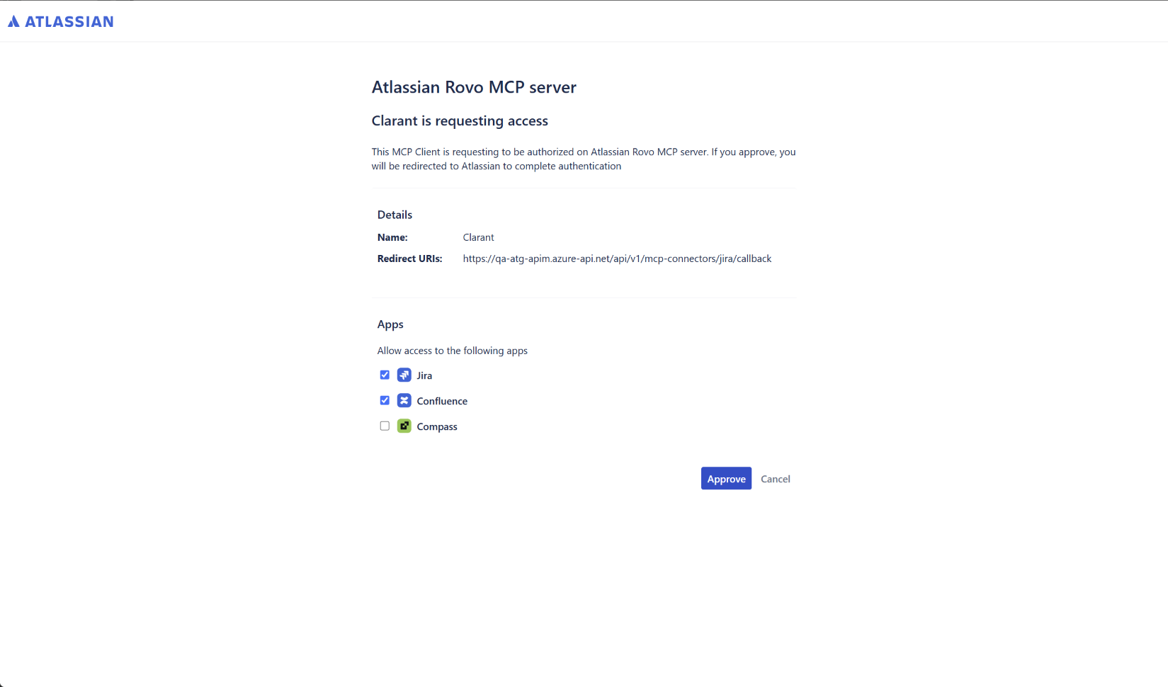 Atlassian login screen prompting the user to sign in to authorize Clara