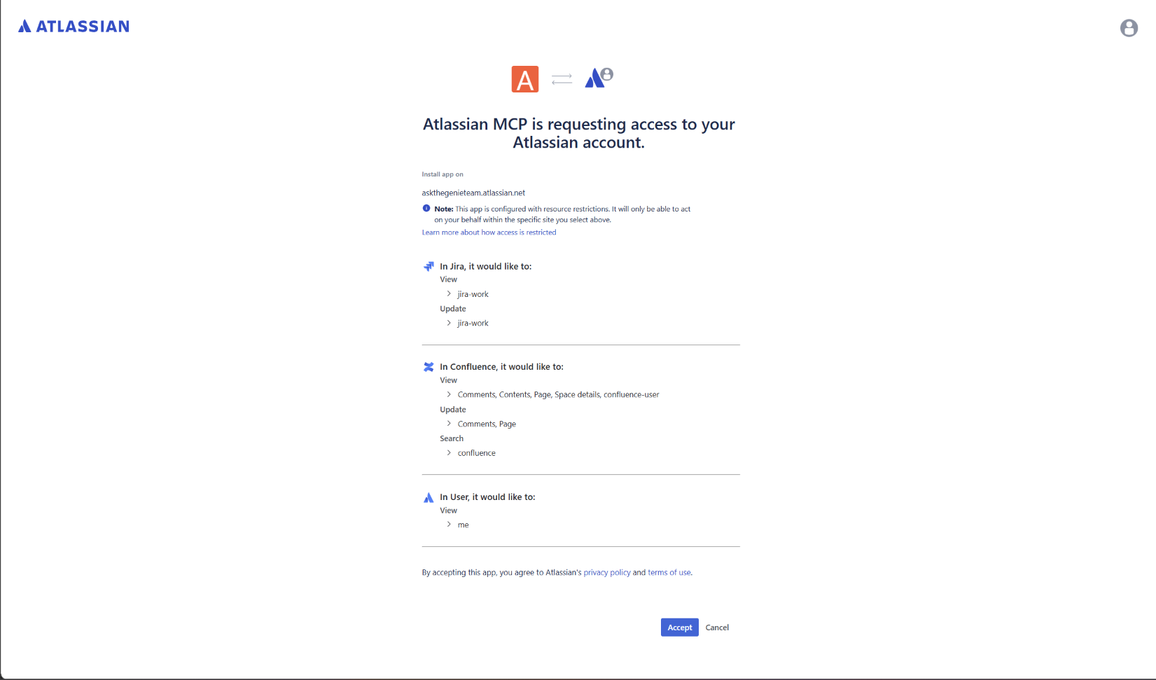 Atlassian permissions consent screen for Clara with an Accept button