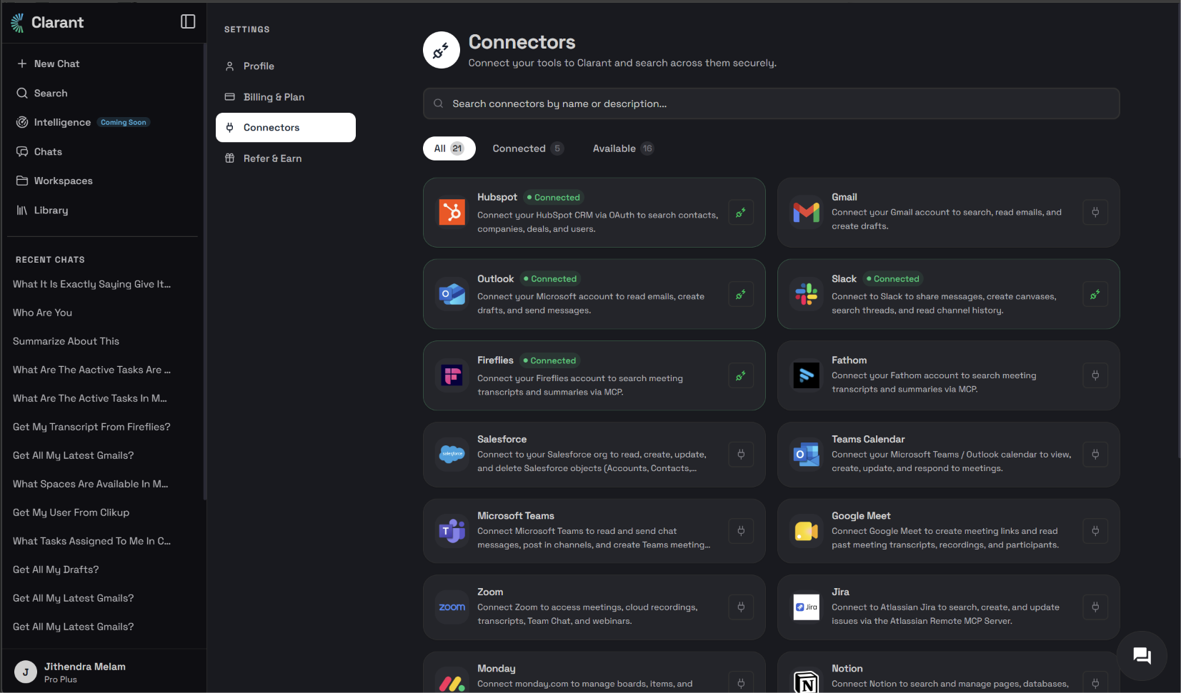Clara Connectors dashboard listing available integrations including Jira