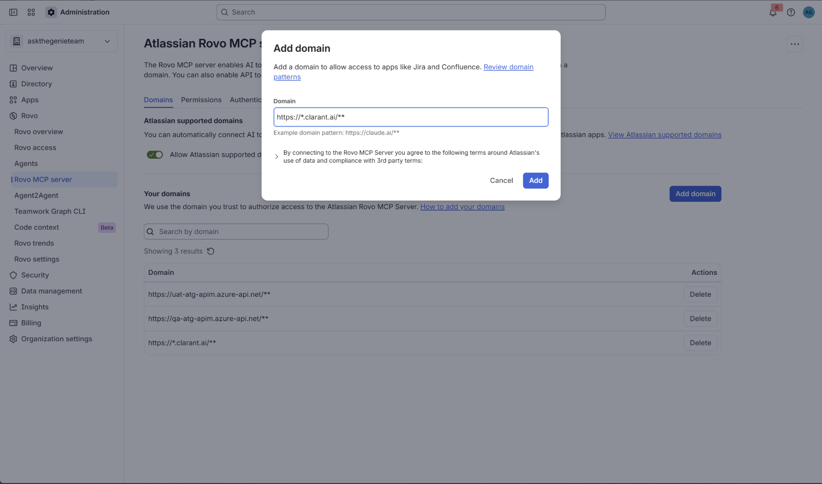 Entering the https://*.clarant.ai/** domain pattern in the Add Domain dialog