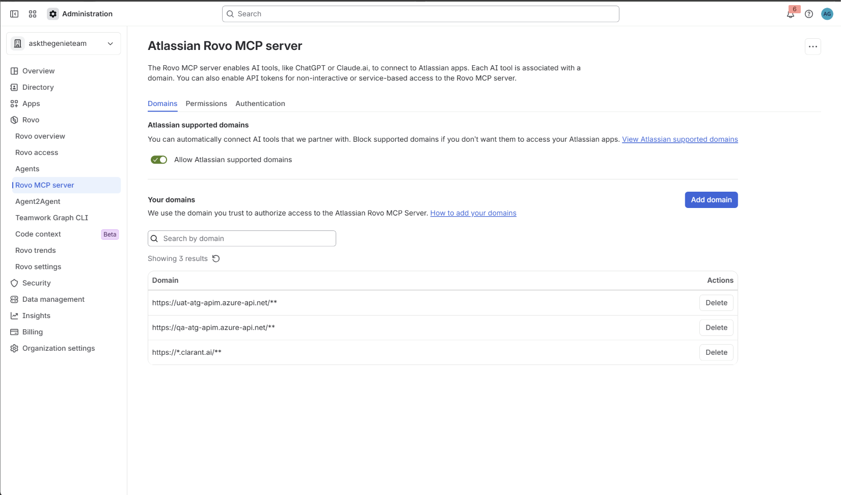 The Rovo MCP Server Domains list confirming the Clara domain was added successfully