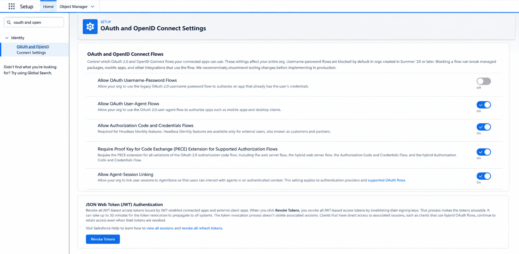 Salesforce OAuth and OpenID Connect Settings page with Authorization Code and PKCE toggles enabled