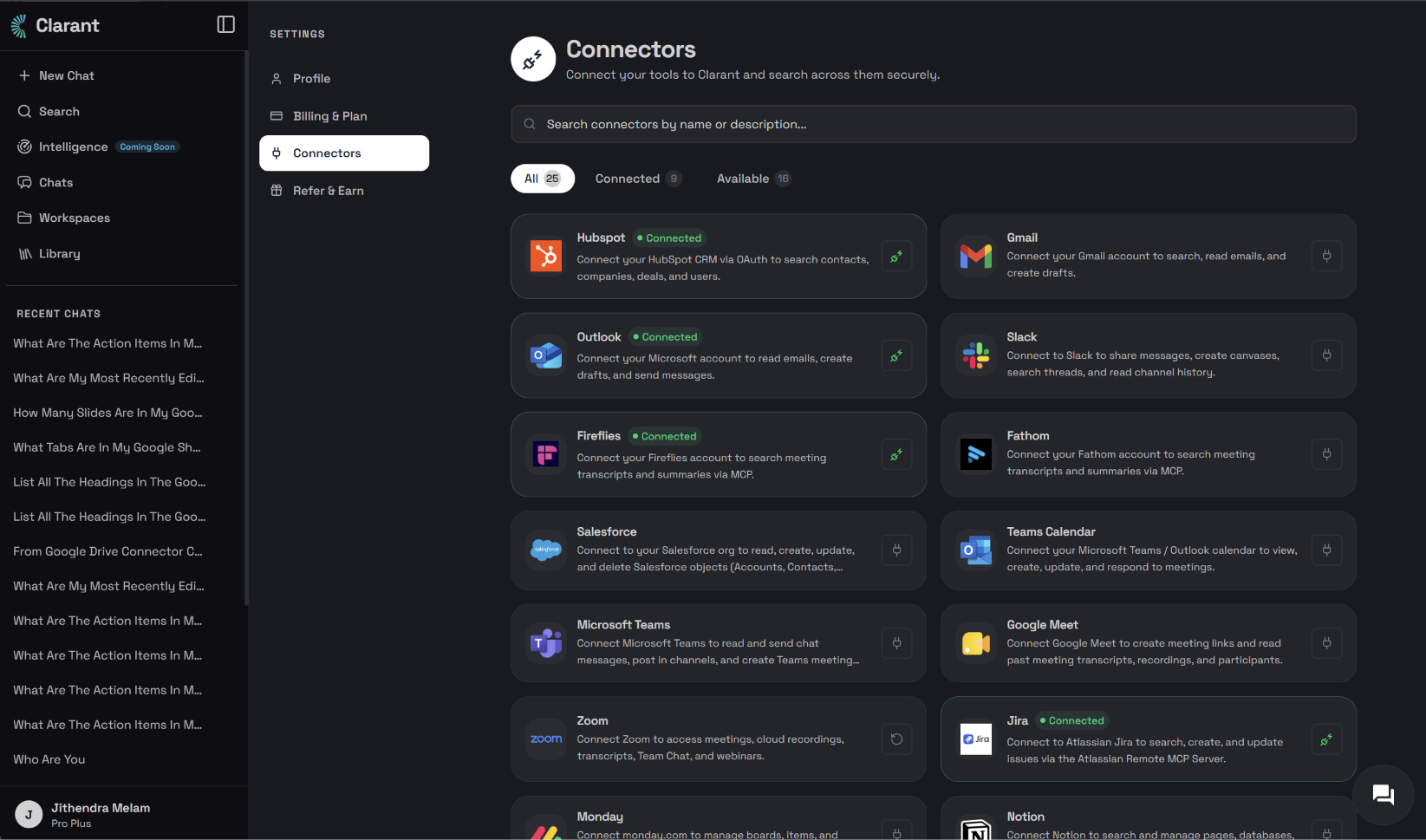 Clara Connectors dashboard listing available integrations including Slack