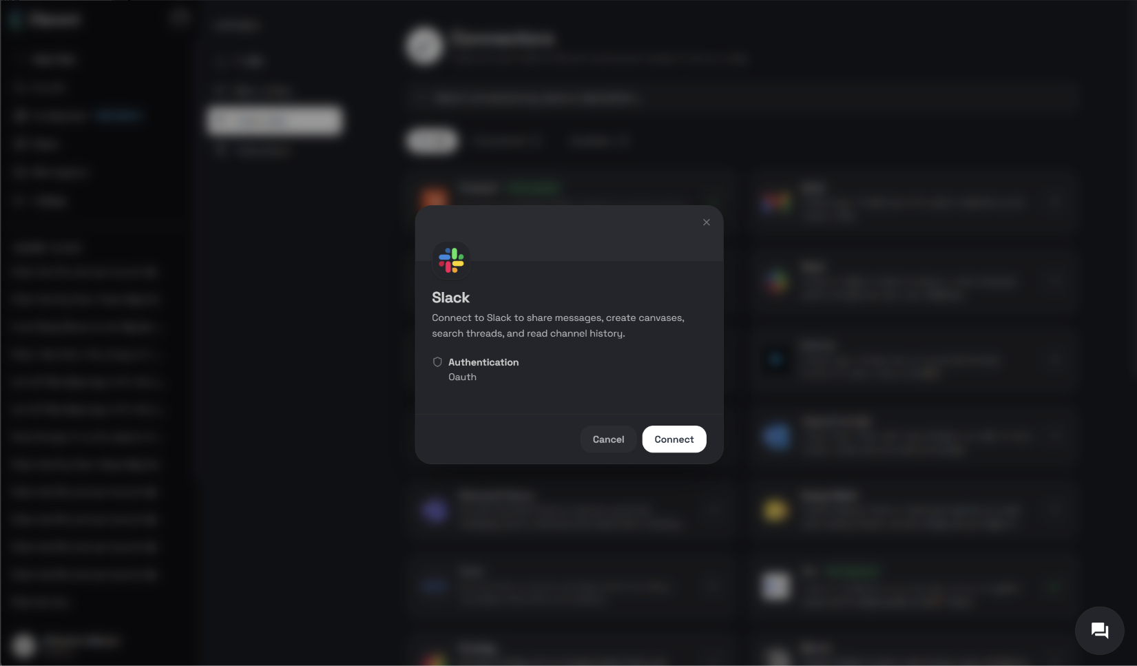 Slack connector dialog in Clara describing access to messages, canvases, threads, and channel history with a Connect button