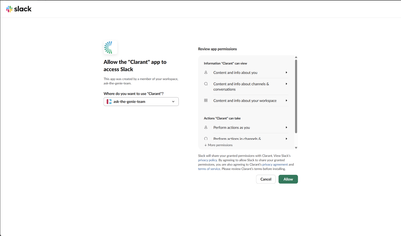 Slack authorization screen prompting the user to allow the Clara app to access Slack, with a workspace selector