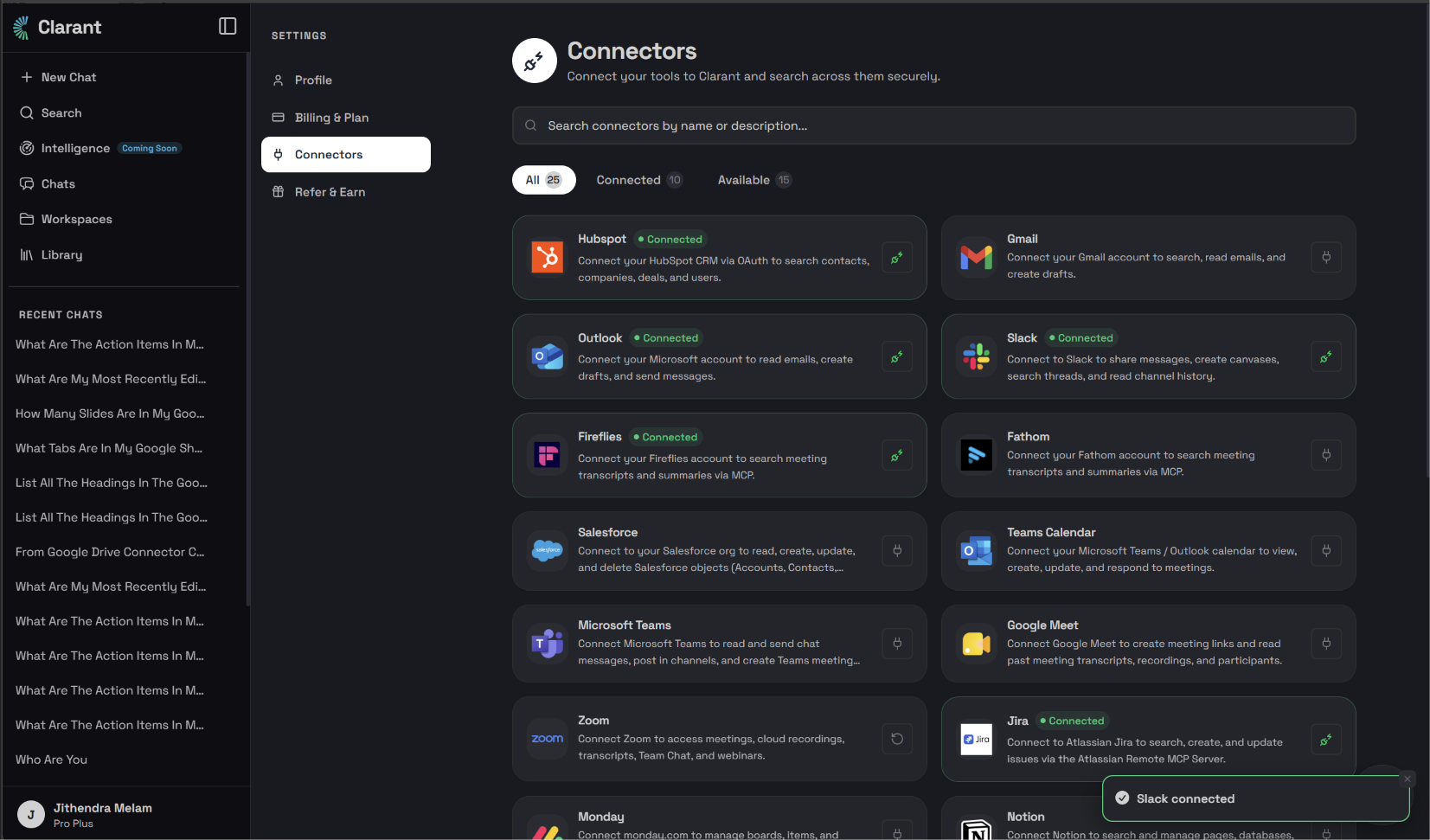 Clara Connectors dashboard showing Slack with a Connected status