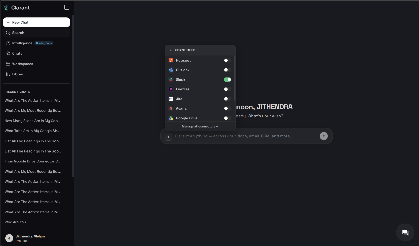 Workspace connector panel with Slack toggled on alongside Hubspot, Fathom, Outlook, Fireflies, and Gmail