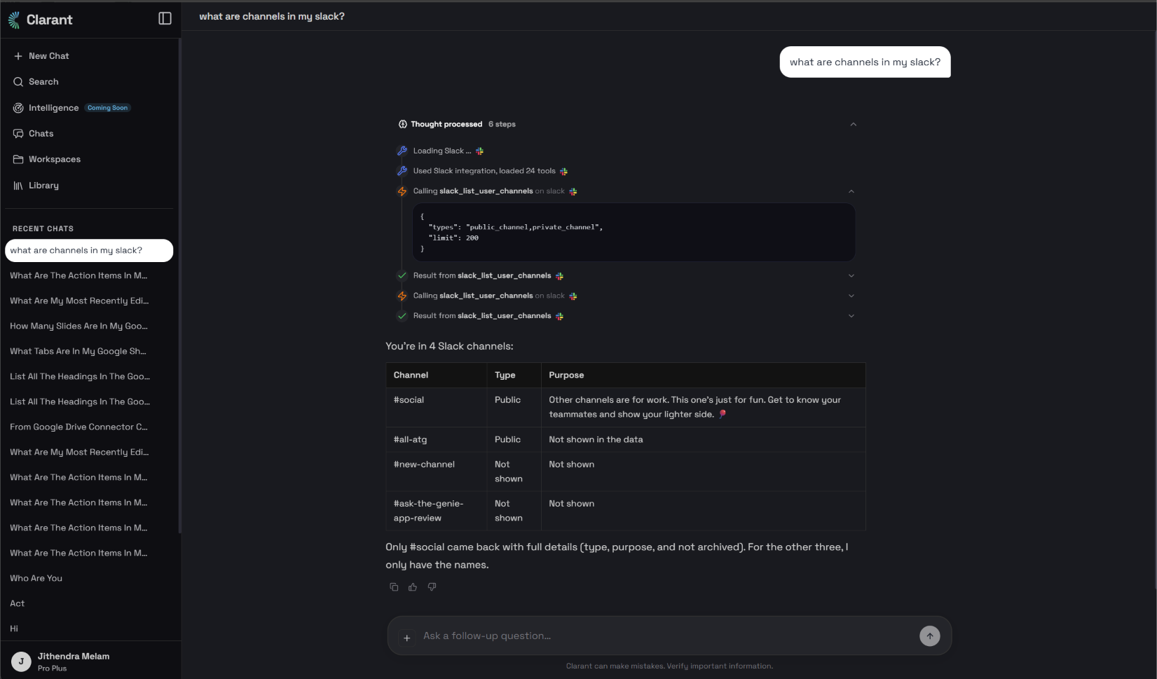 An Clara answer showing the Slack search tool call and the source results it cited