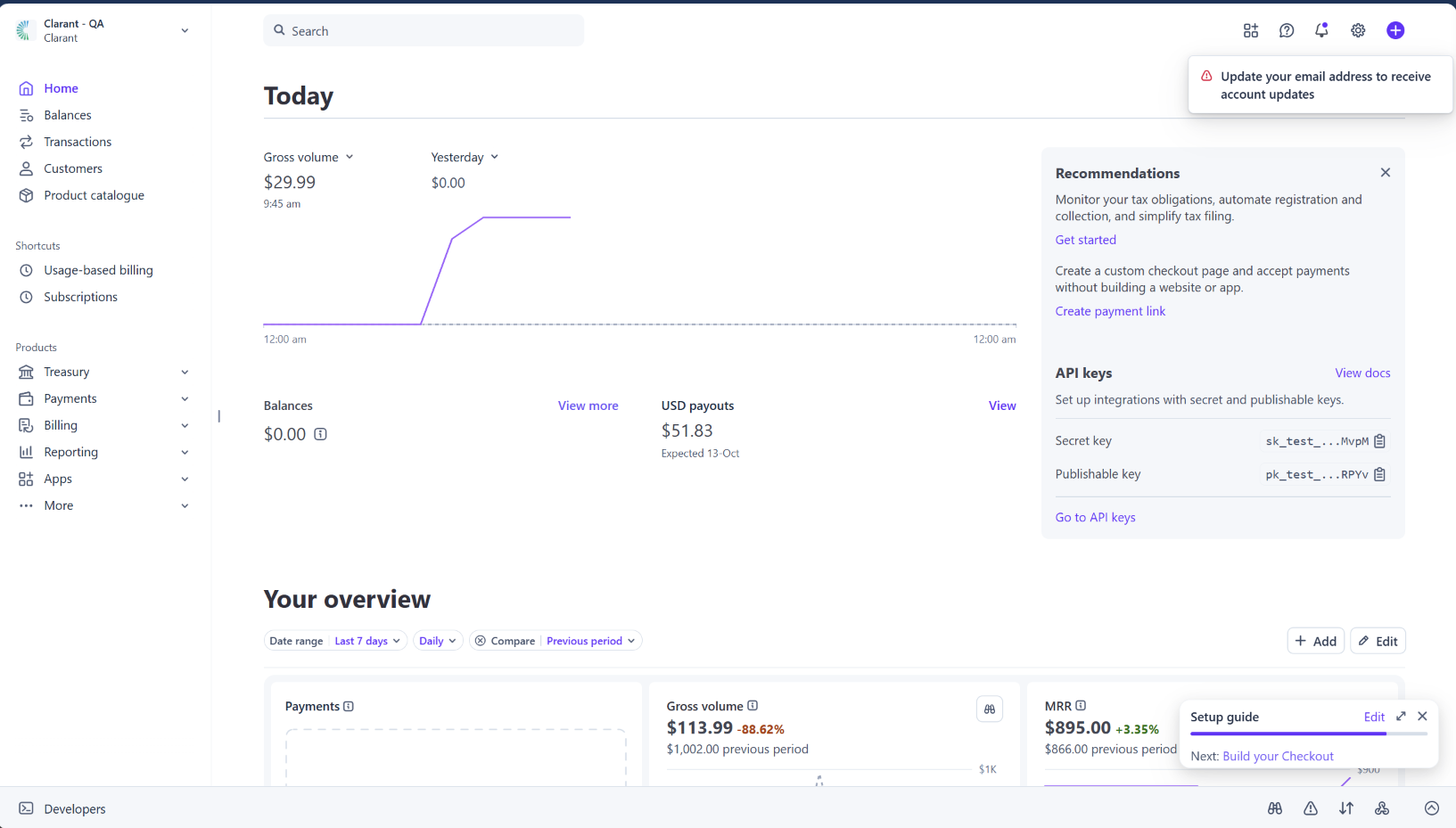Stripe Dashboard home screen showing the Today overview, balances, and API keys panel