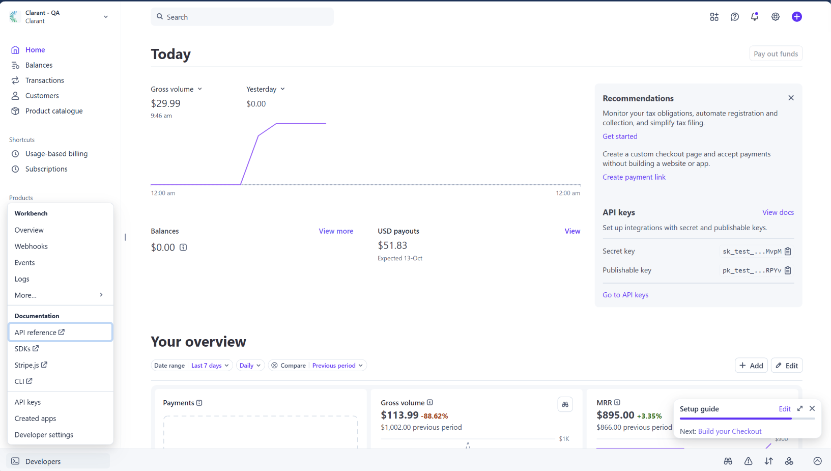 Stripe Developers menu with the API keys option highlighted