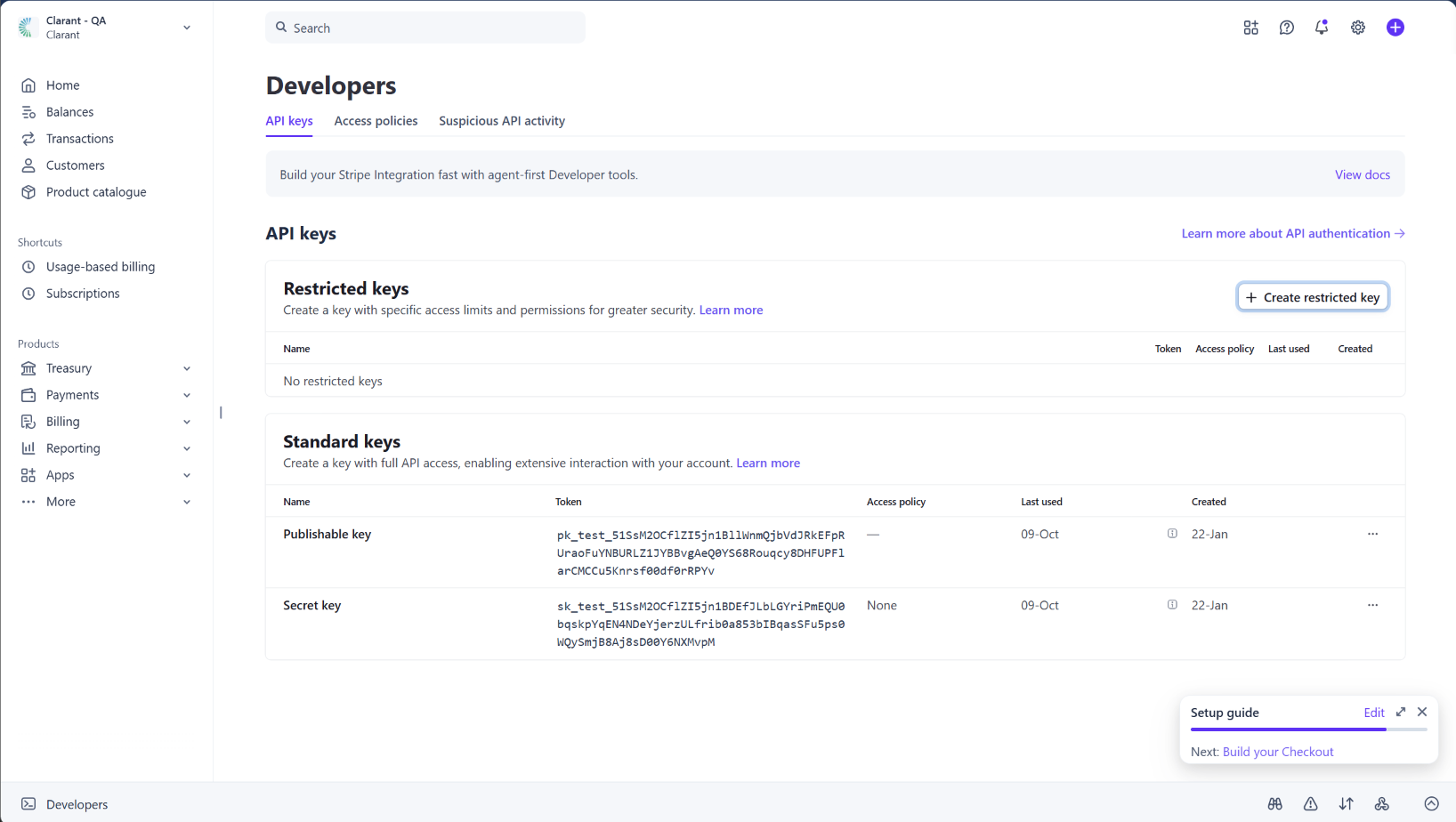 Stripe API keys page showing the Restricted keys section with the Create restricted key button highlighted