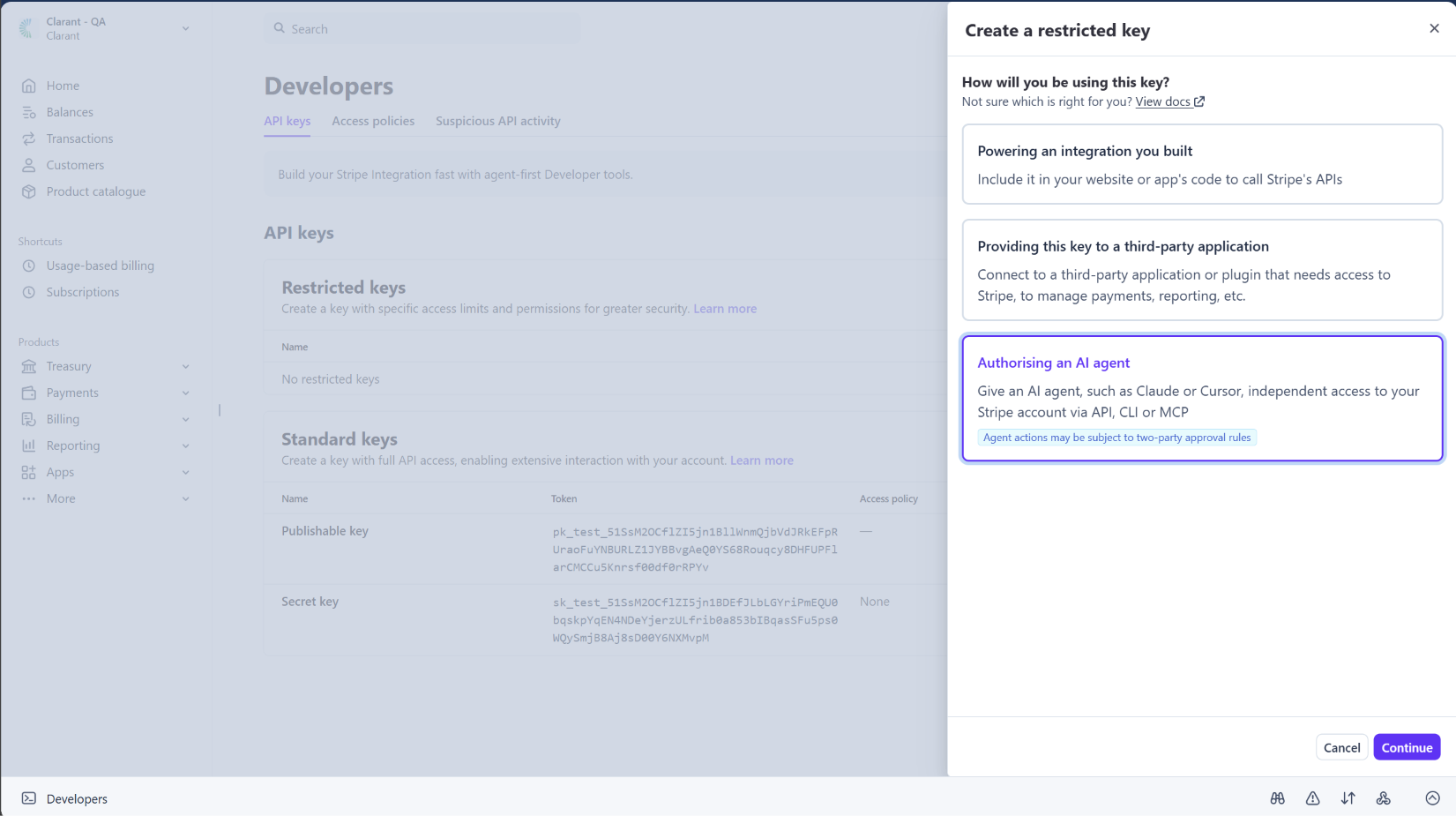 Stripe Create a restricted key panel with the Authorizing an AI agent option selected