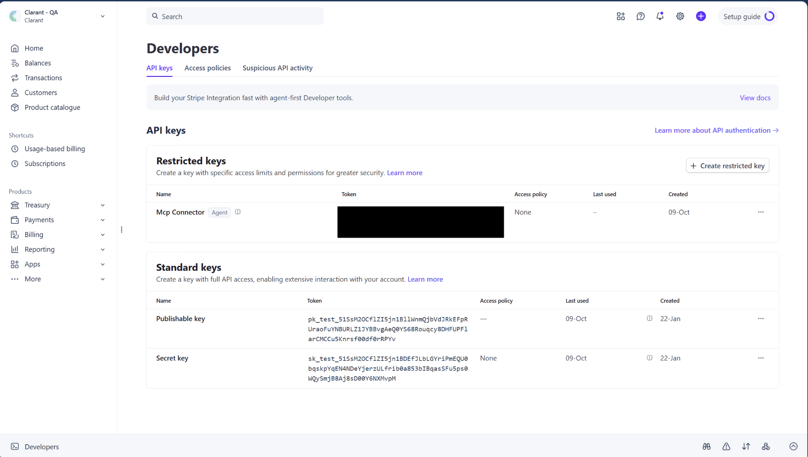 Stripe API keys page showing the newly created restricted key listed under Restricted keys
