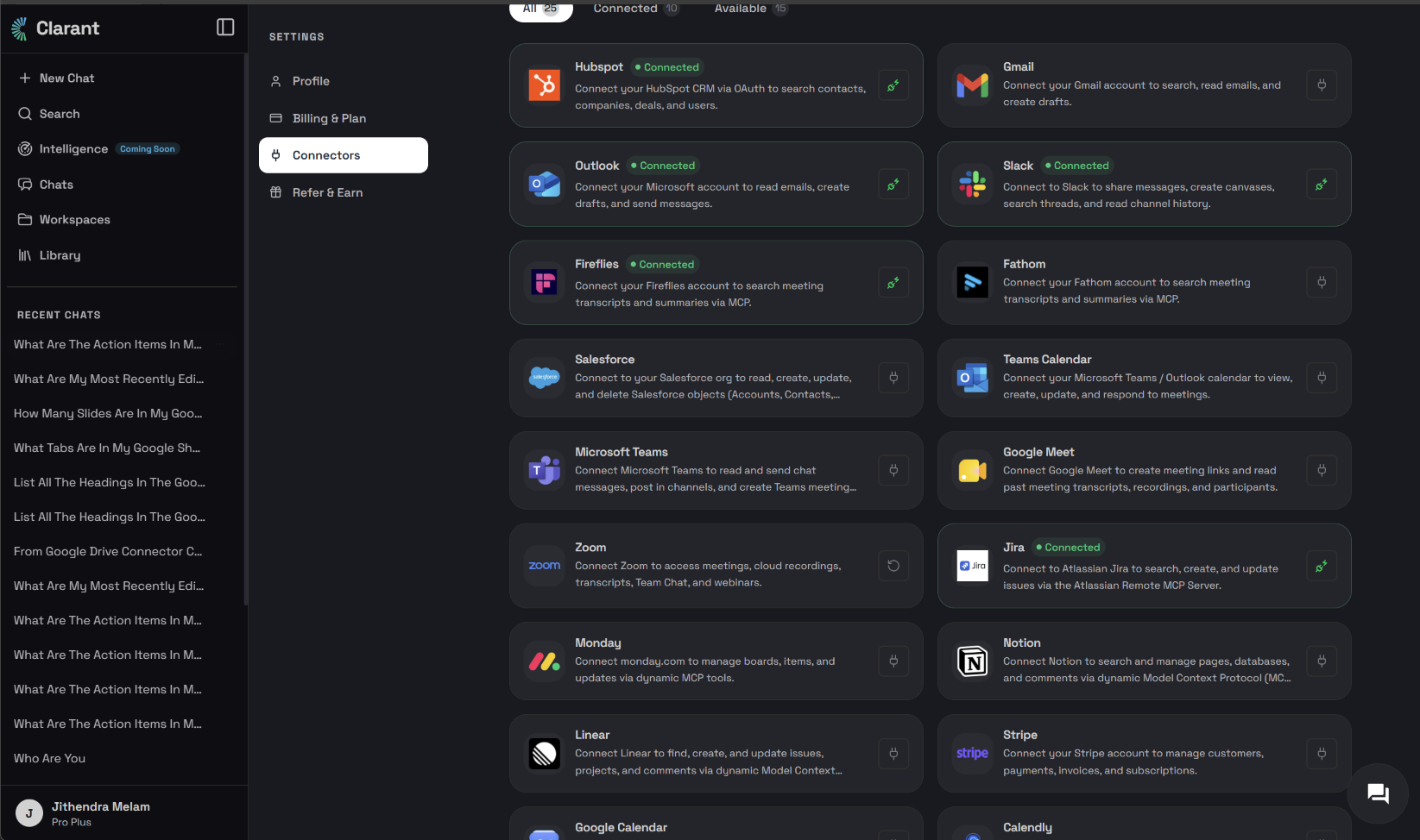 Clara Connectors settings page listing available integrations including the Stripe connector