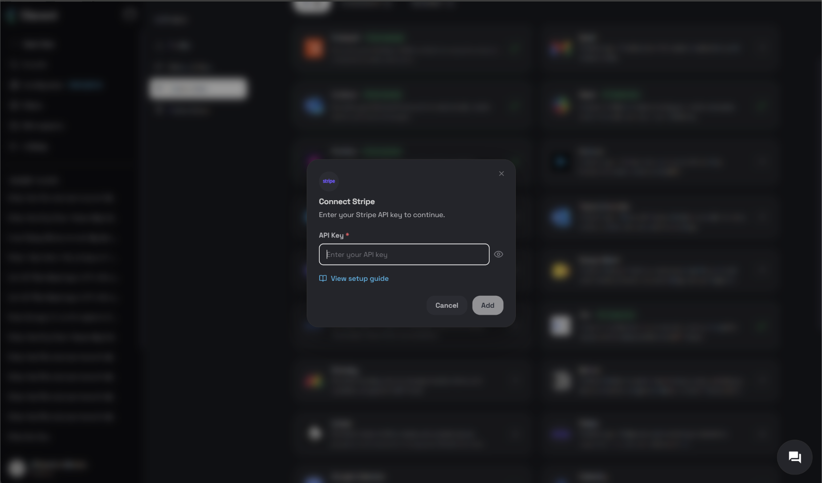 Clara Connect Stripe dialog with an API Key field for pasting the Restricted API Key