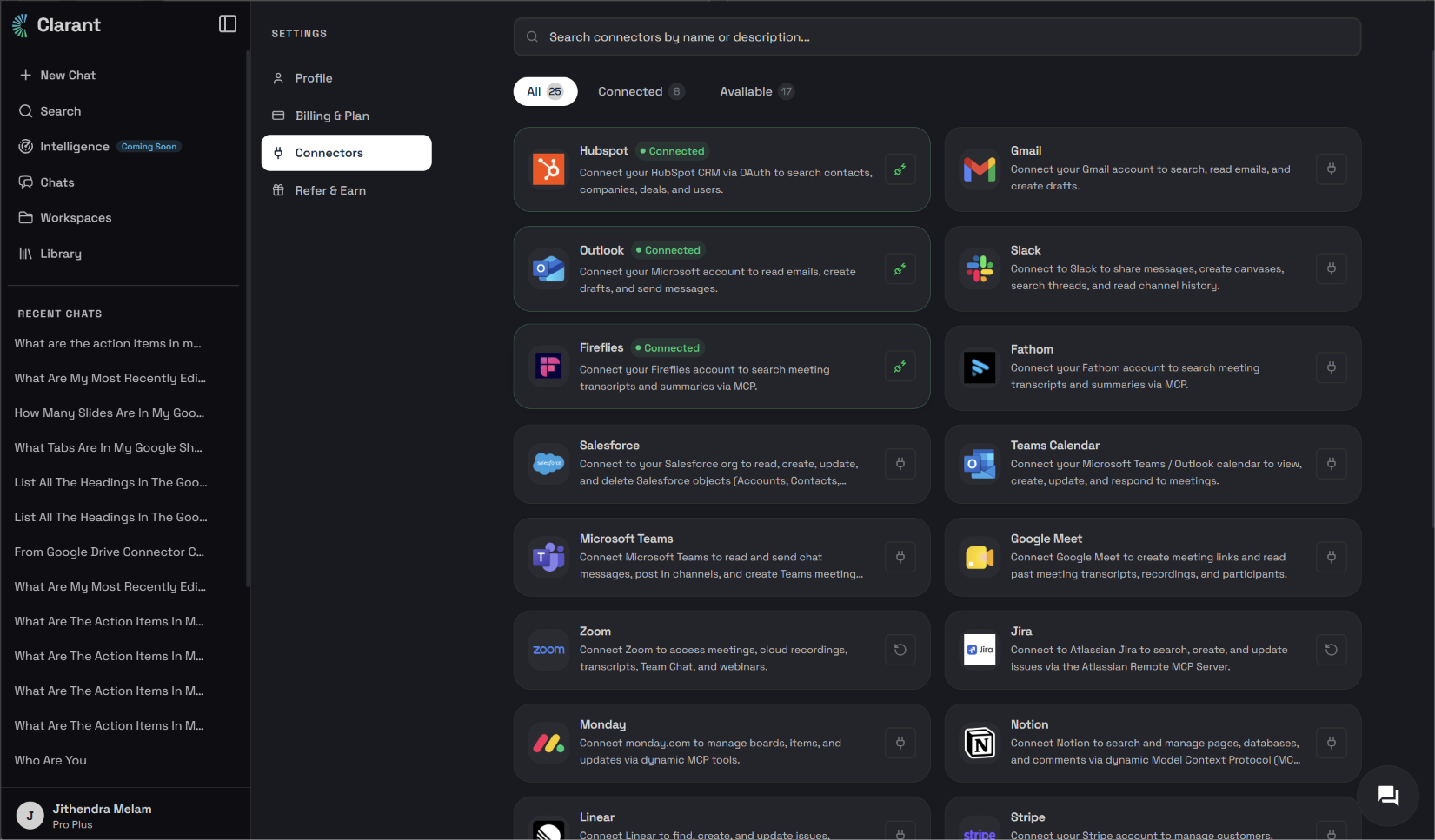 Clara Connectors dashboard listing available integrations including Zoom