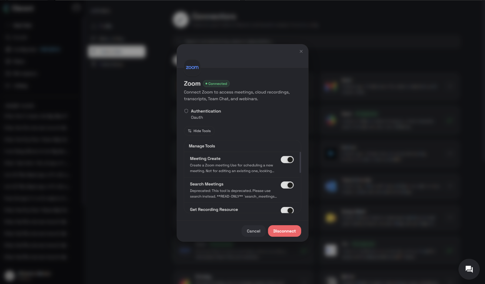 Clara Connectors dashboard showing Zoom with a Connected status