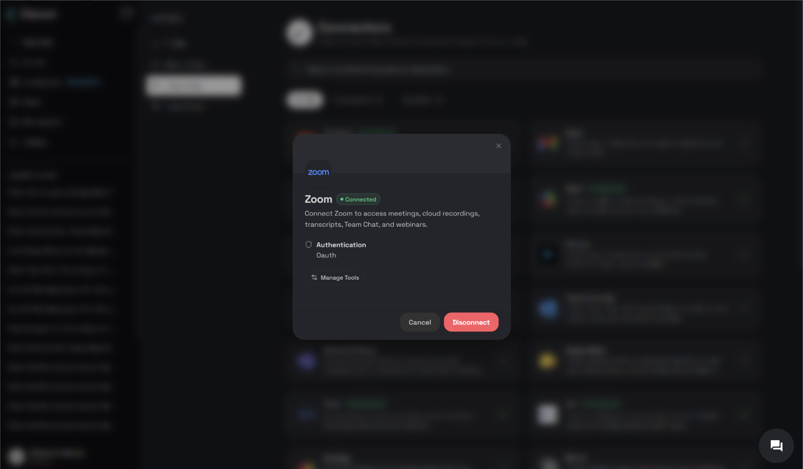 Disconnect Zoom confirmation dialog in the Clara Connectors dashboard