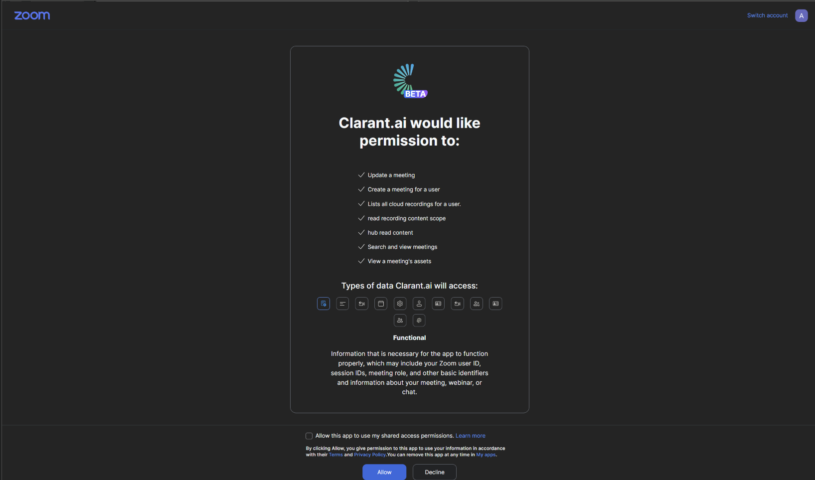 Zoom authorization screen listing the permissions requested by Clara with an Allow button