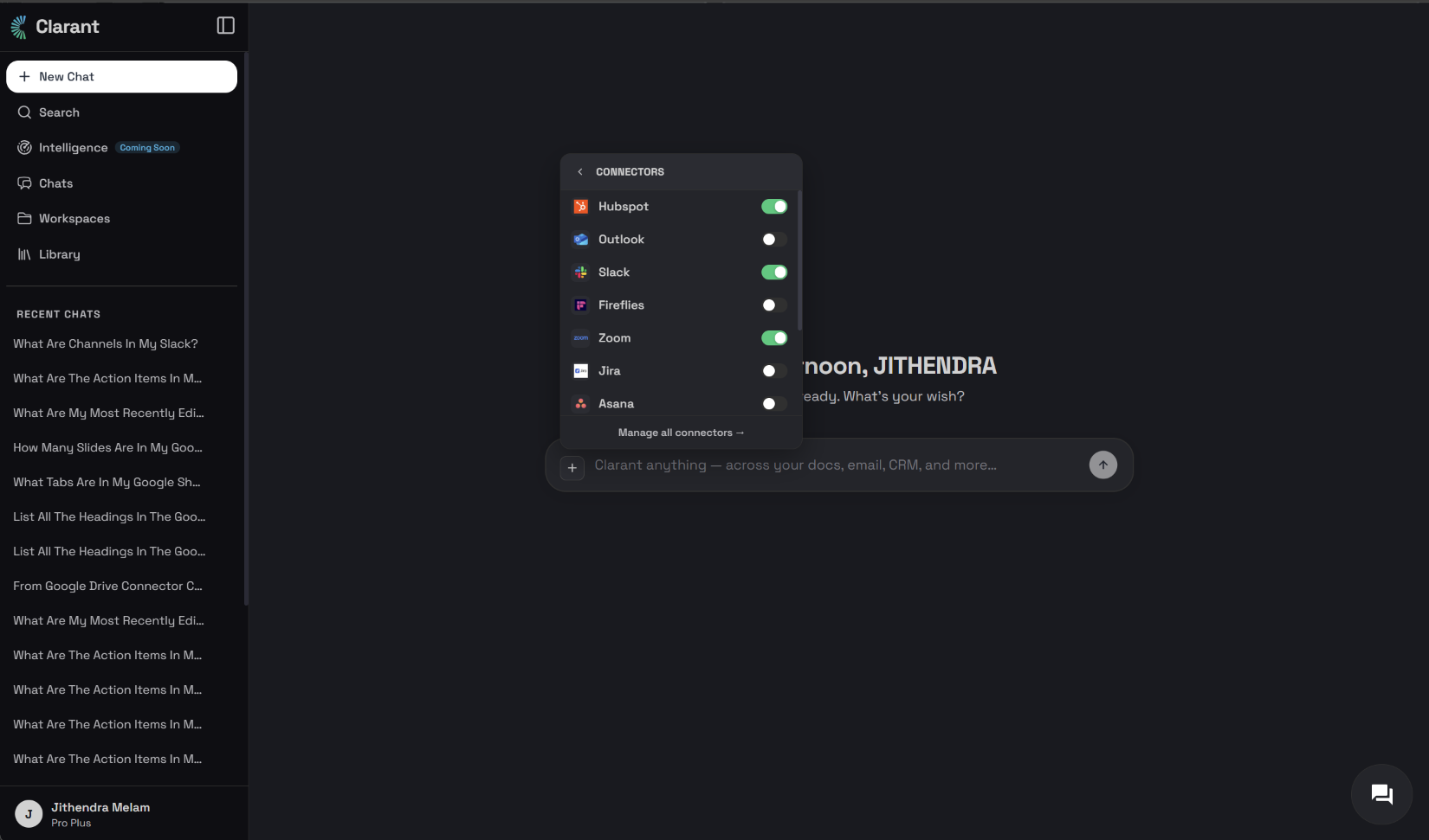 Workspace connector panel with Zoom toggled on alongside other connected data sources